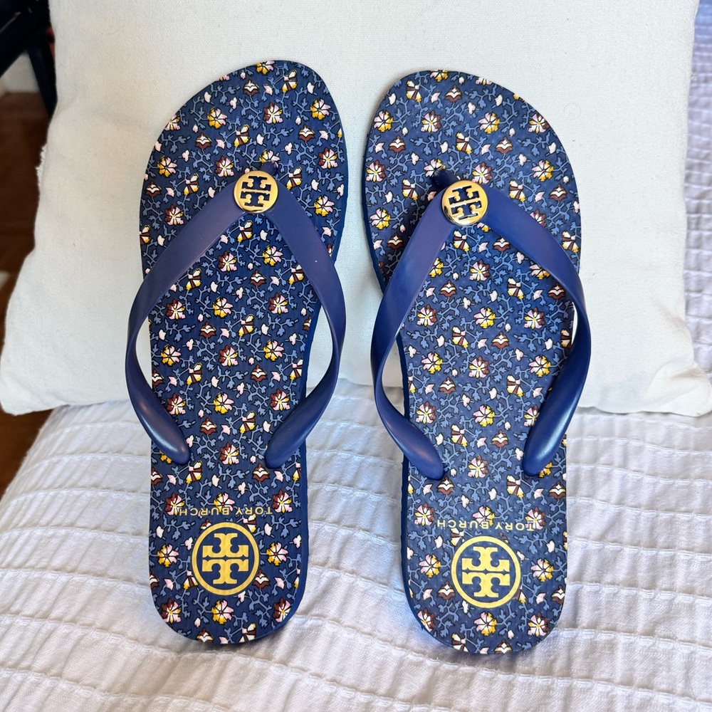 Tory Burch Navy Floral Logo Rubber Flip-Flop Sandals with Gold Accents